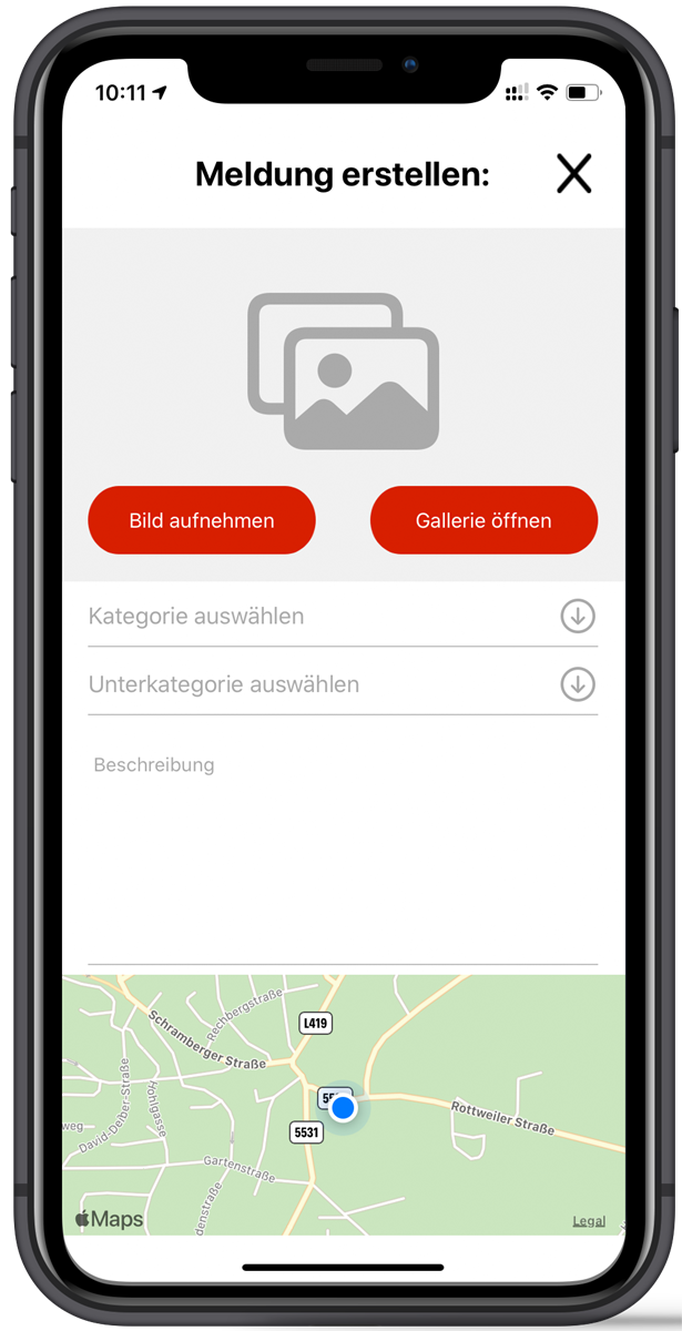Mängelmelder – Meldung mit Foto und Standort erstellen