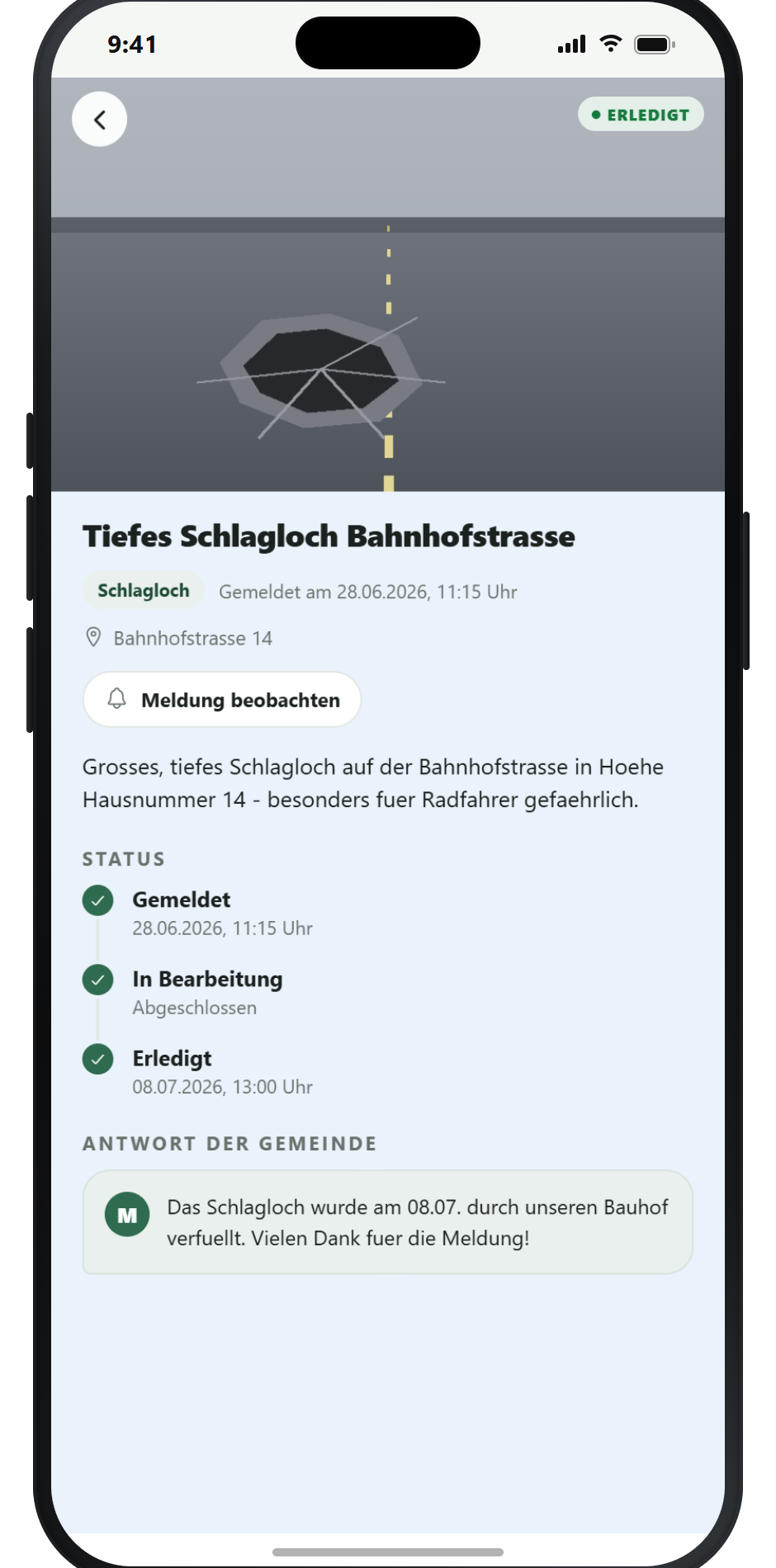 OwnCity – Meldung mit Antwort der Gemeinde