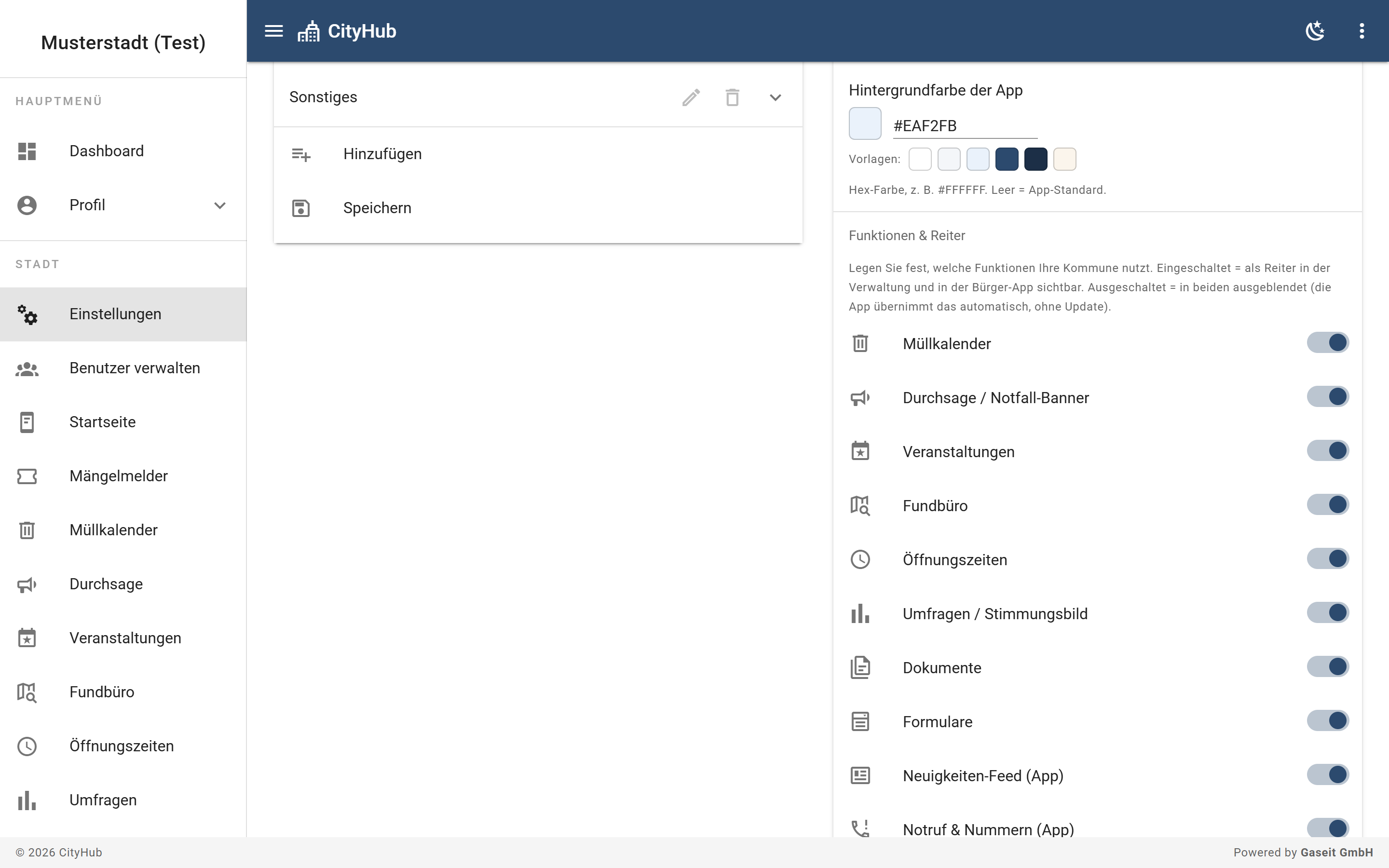Funktionen der Bürger-App im Portal per Schalter aktivieren oder ausblenden