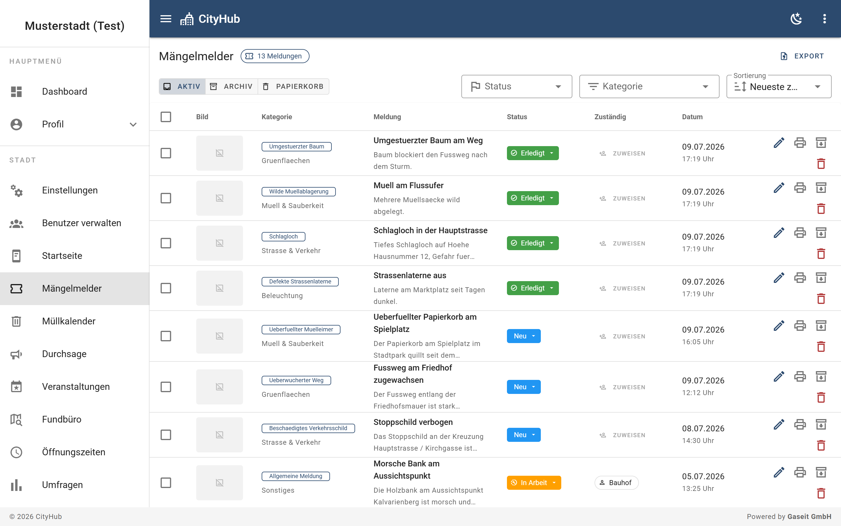 Meldungsliste im Verwaltungs-Portal mit Filter, Status und Export