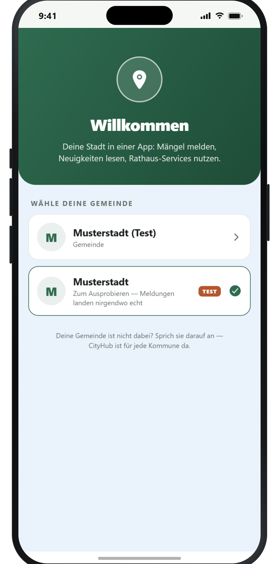 CityHub – Stadt aus der Liste wählen