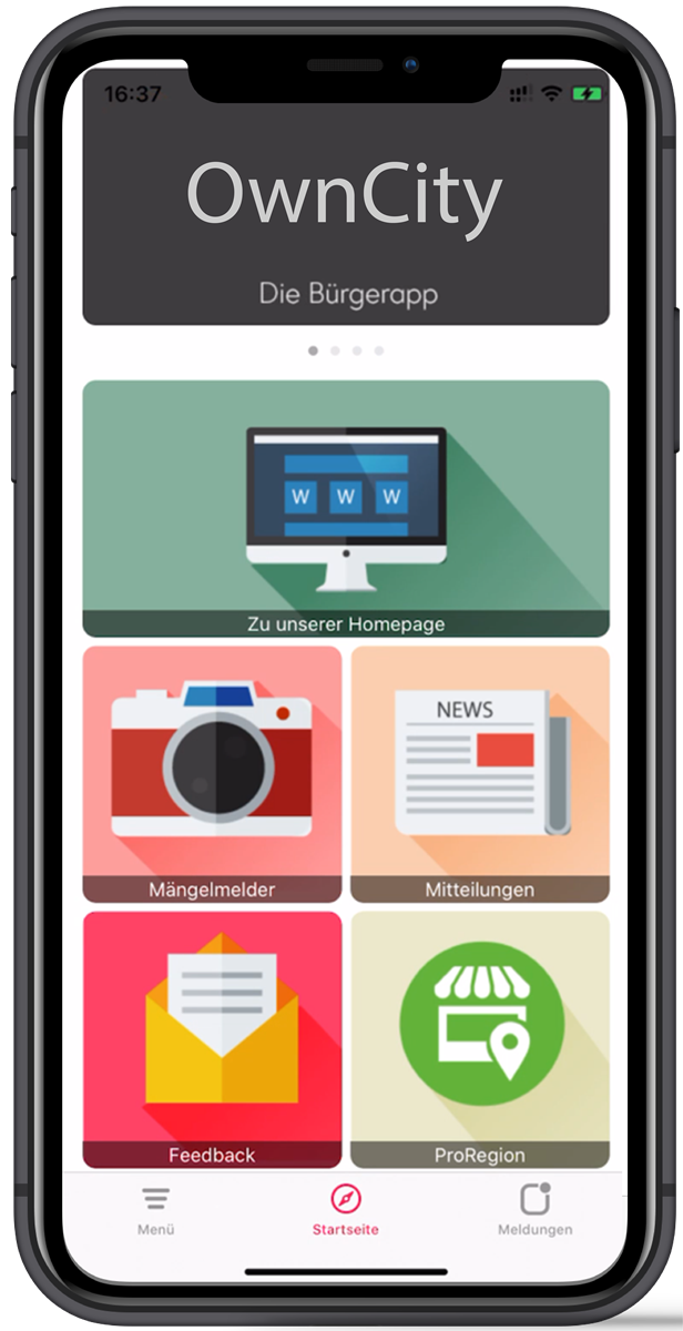 OwnCity Bürger-App – Startseite mit Kacheln