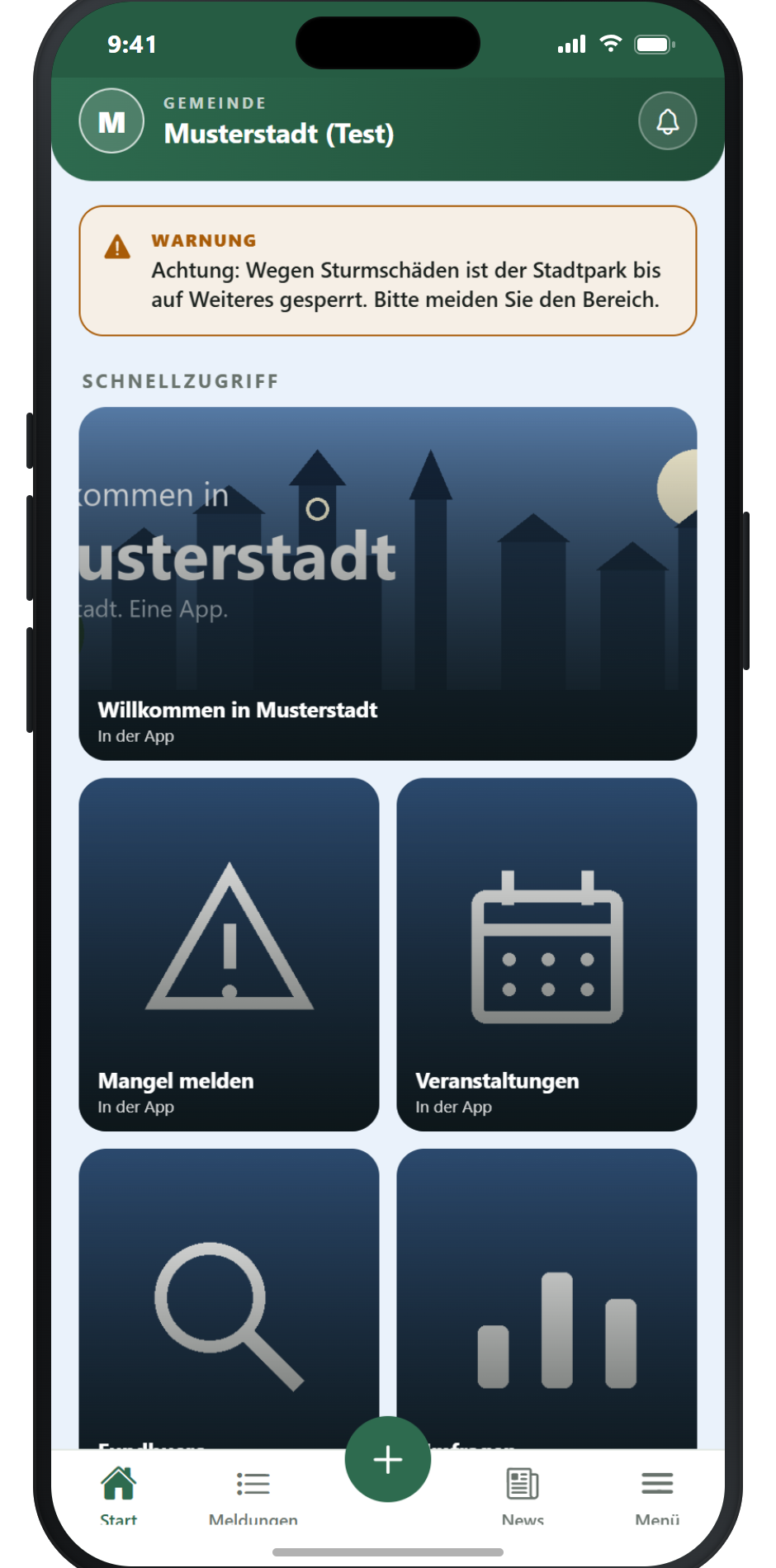 Bürger-App – Startseite einer Kommune mit Kacheln und Durchsage
